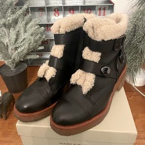 COACH Preston Women's Sz 7.5 Ankle Boots Leather Booties Black Shearling